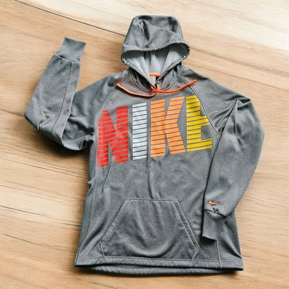 Nike Therma Fit Hoodie Womens M Big Spell Out Drawstring Gym Run Colorful Thumb - Picture 2 of 16